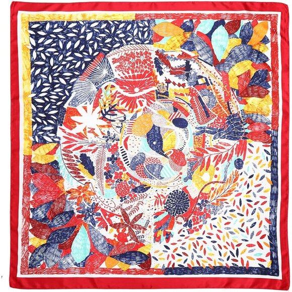 35 Inch Silk Head Scarf 2 Pcs Floral(navy/Red) - Picture 3 of 7